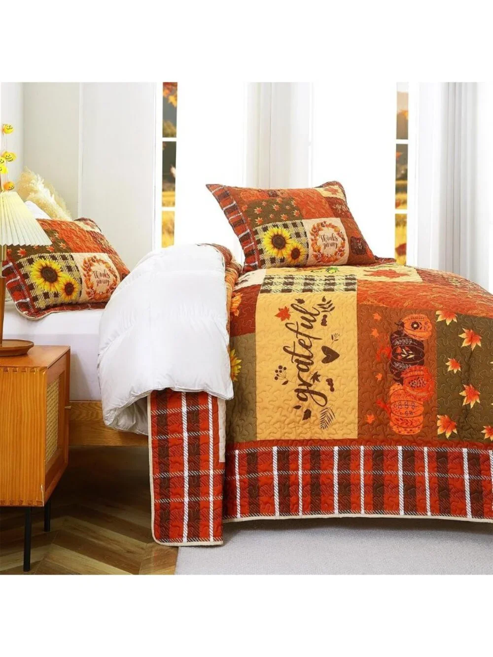 Thanksgiving Pumpkin Quilt King Size Bedspread, Cozy Patchwork Bedding Set